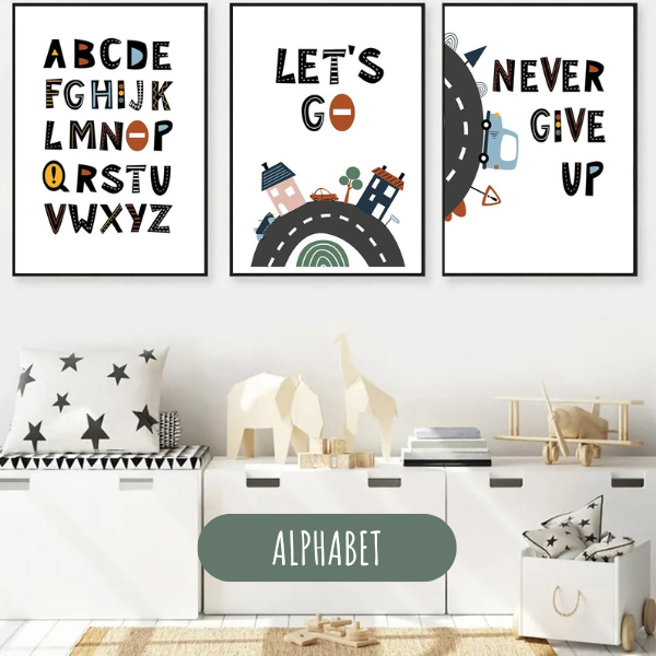 Triptyque d’affiches décoratives pour enfant avec alphabet graphique et route illustrée