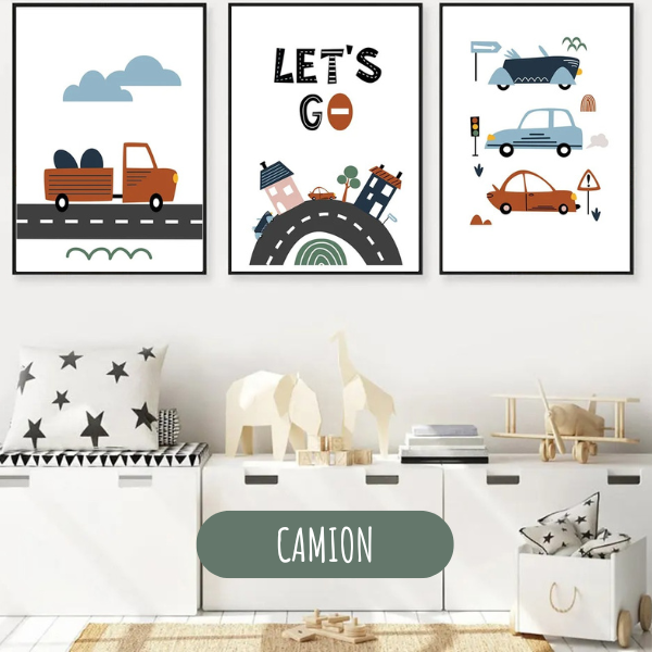Triptyque d’affiches pour chambre enfant avec camion, route et illustrations de véhicules