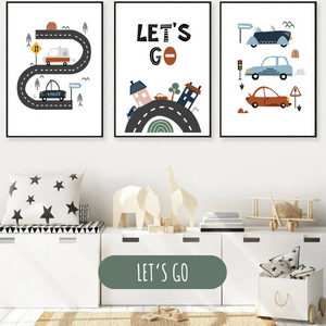 Triptyque d’affiches enfant avec message let’s go et illustrations de routes et voitures