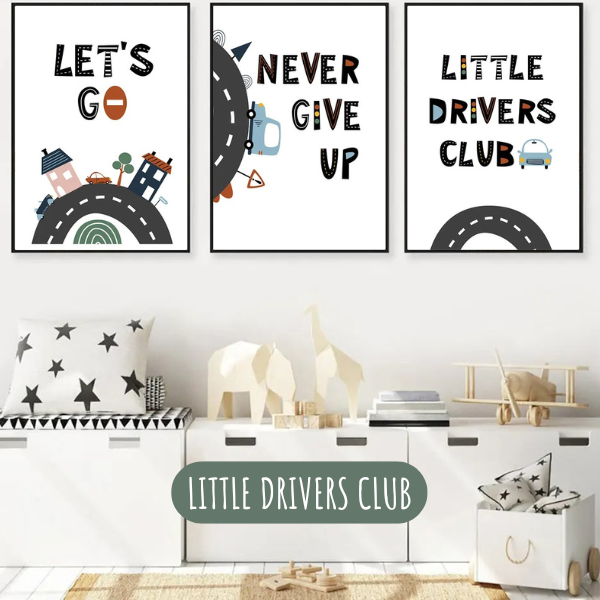 Triptyque d’affiches enfant sur le thème des véhicules avec message little drivers club
