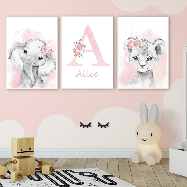 Triptyque d’affiches murales pour chambre de fille avec animaux safari en aquarelle rose