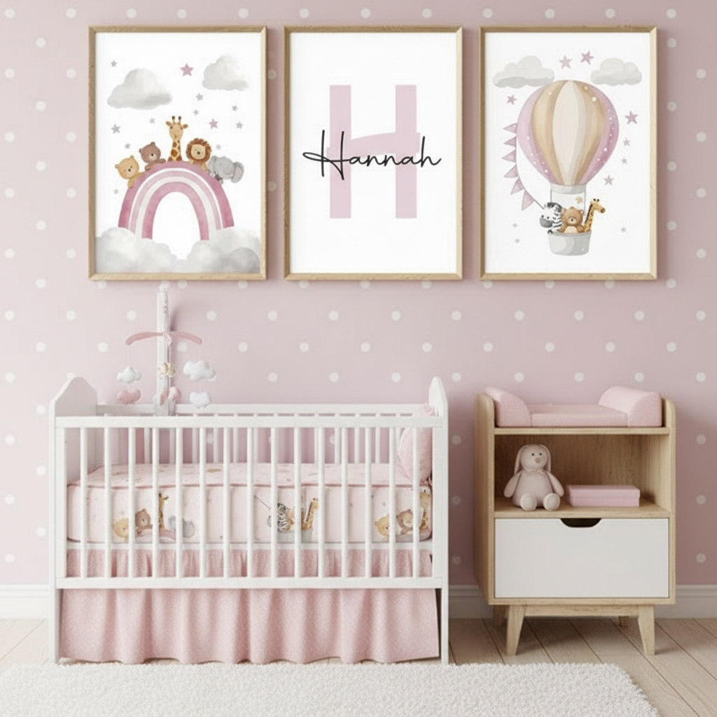 Triptyque affiches enfant montgolfière animaux décoration murale