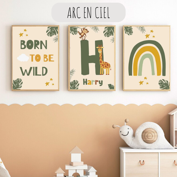 Ensemble de trois affiches jungle born to be wild avec arc-en-ciel pour chambre d’enfant