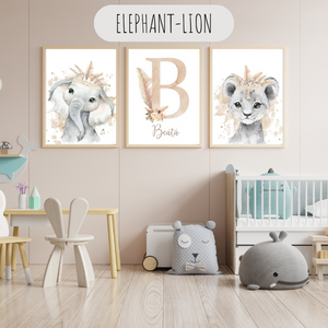 Affiches personnalisées éléphant et lion avec initiale décorative pour chambre bébé
