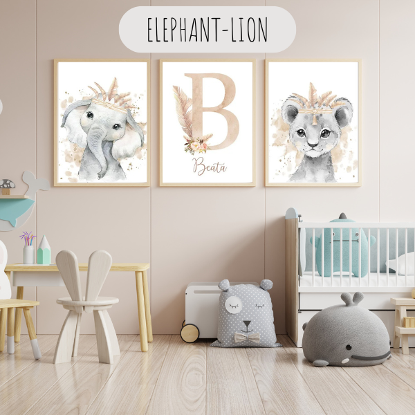 Affiches personnalisées éléphant et lion avec initiale décorative pour chambre bébé