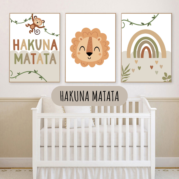 Triptyque décoratif Hakuna Matata avec singe, lion et arc-en-ciel pour chambre bébé jungle
