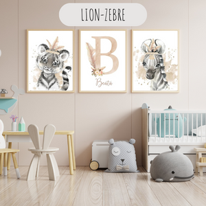 Affiches murales lion et zèbre avec initiale personnalisable pour décoration chambre enfant