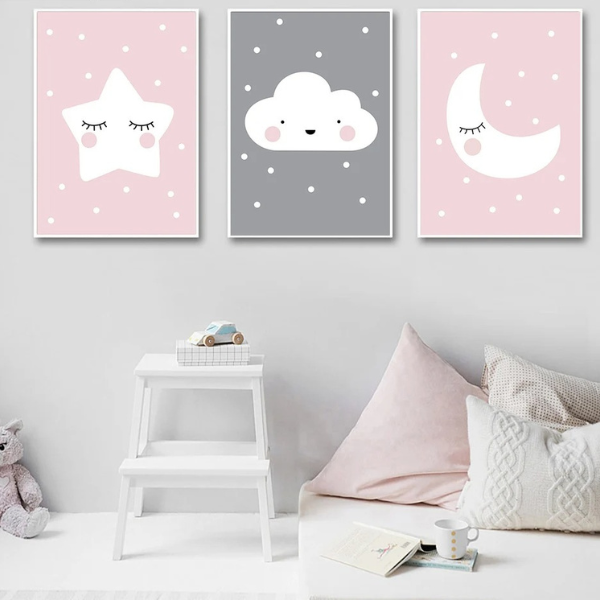 Triptyque lune étoile et nuage pour chambre de bébé, décoration murale poétique