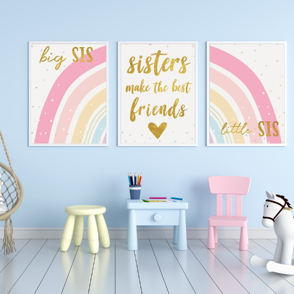 Ensemble de trois affiches murales sur le thème des sœurs avec arc en ciel pour chambre enfant