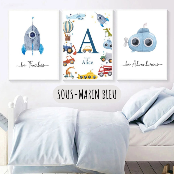 Affiches décoratives enfant avec sous-marin bleu et thème exploration pour chambre bébé