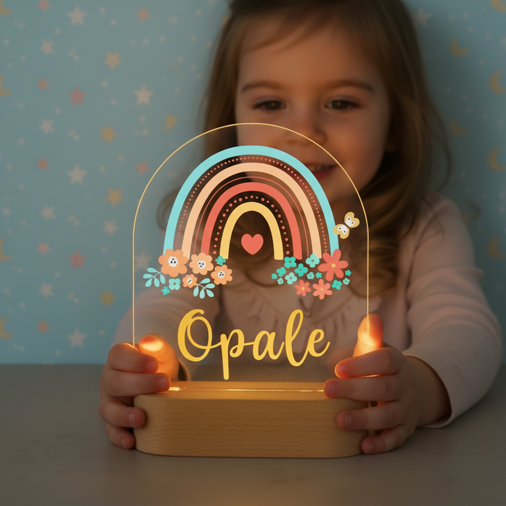 Veilleuse LED enfant arc en ciel tenue par un enfant, diffusant une lumière douce et rassurante