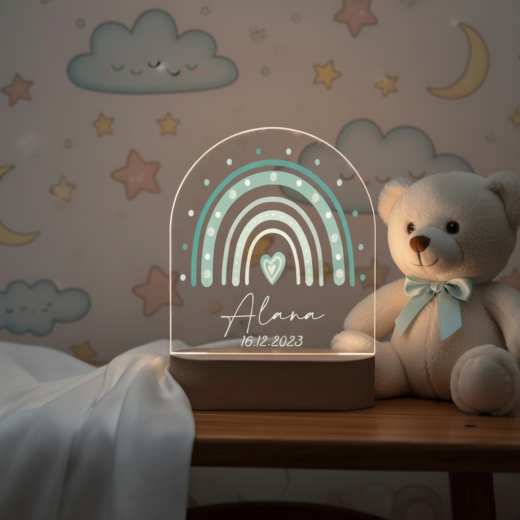 Veilleuse arc-en-ciel installée sur une étagère dans une chambre bébé