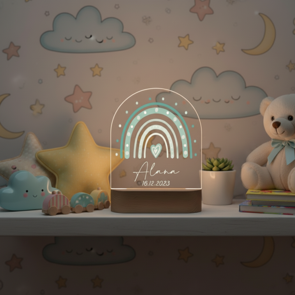 Veilleuse arc-en-ciel allumée diffusant une lumière douce et apaisante