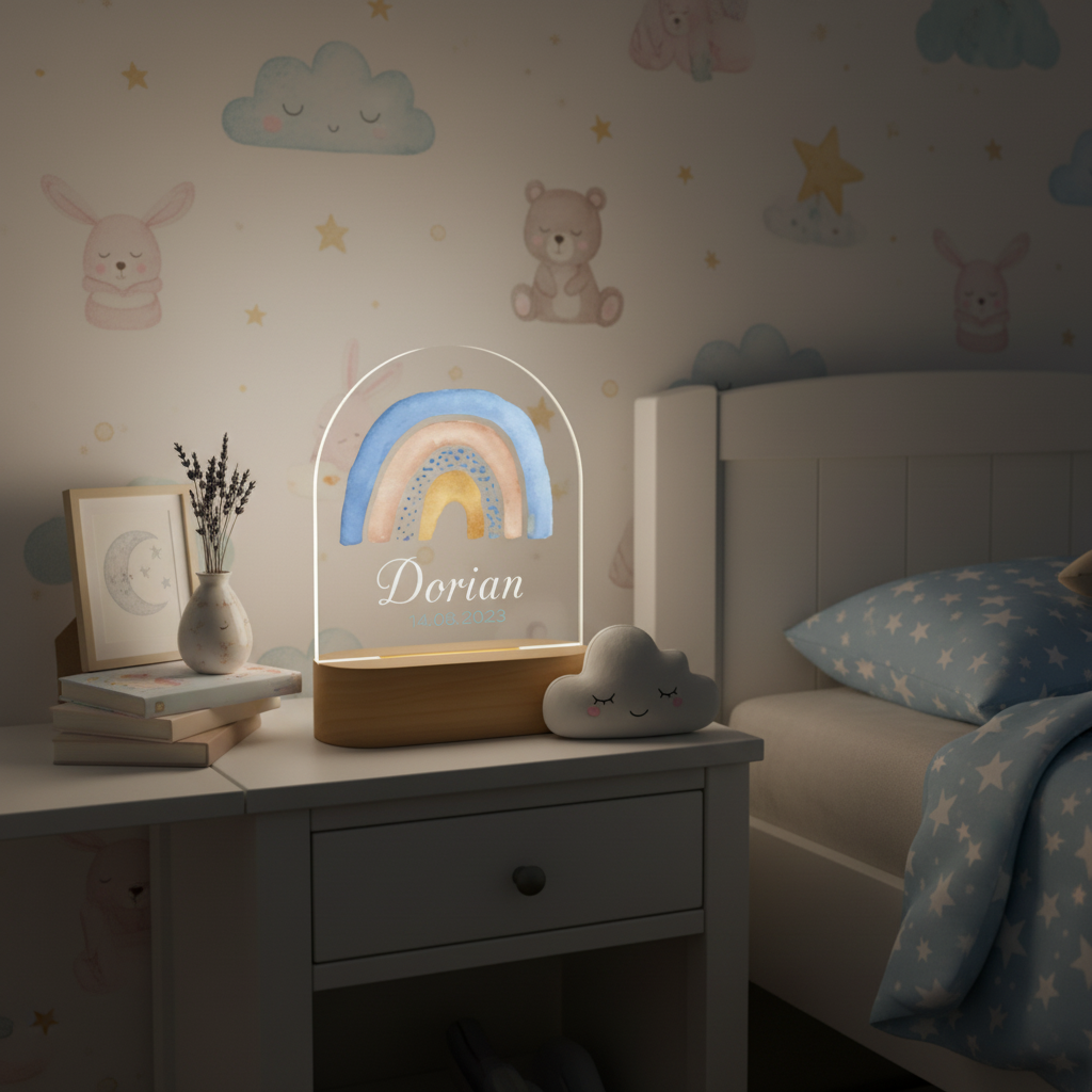 lampe veilleuse arc-en-ciel allumée avec éclairage chaleureux pour ambiance nocturne