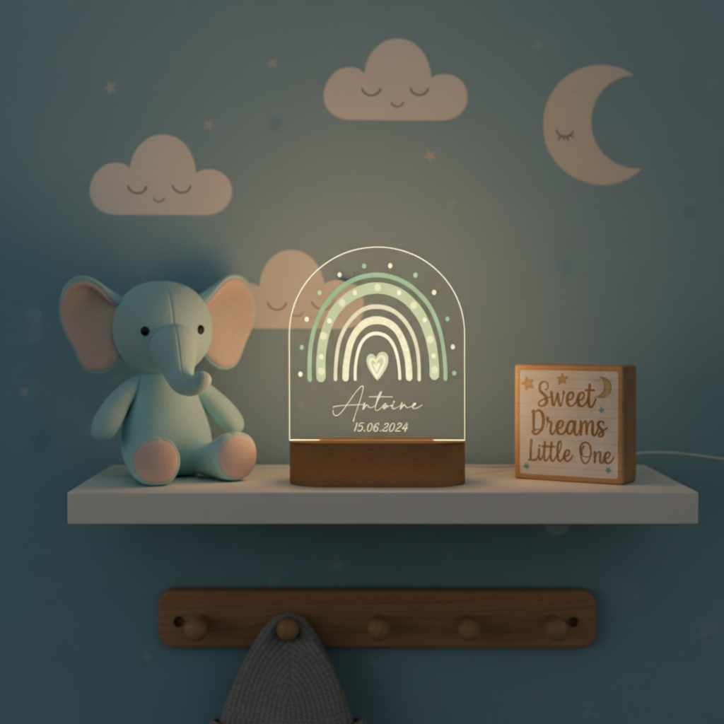 veilleuse arc-en-ciel vert sauge créant une ambiance nocturne apaisante