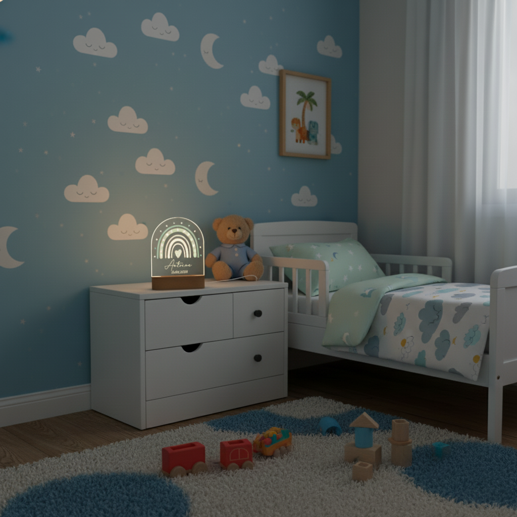 veilleuse arc-en-ciel vert sauge posée sur une table de chevet