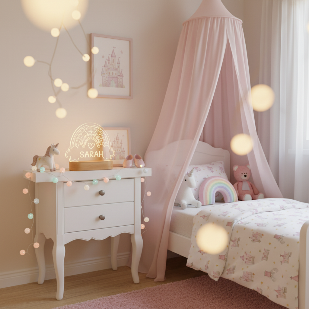 Veilleuse bébé arc en ciel décorative posée sur une commode avec éclairage doux