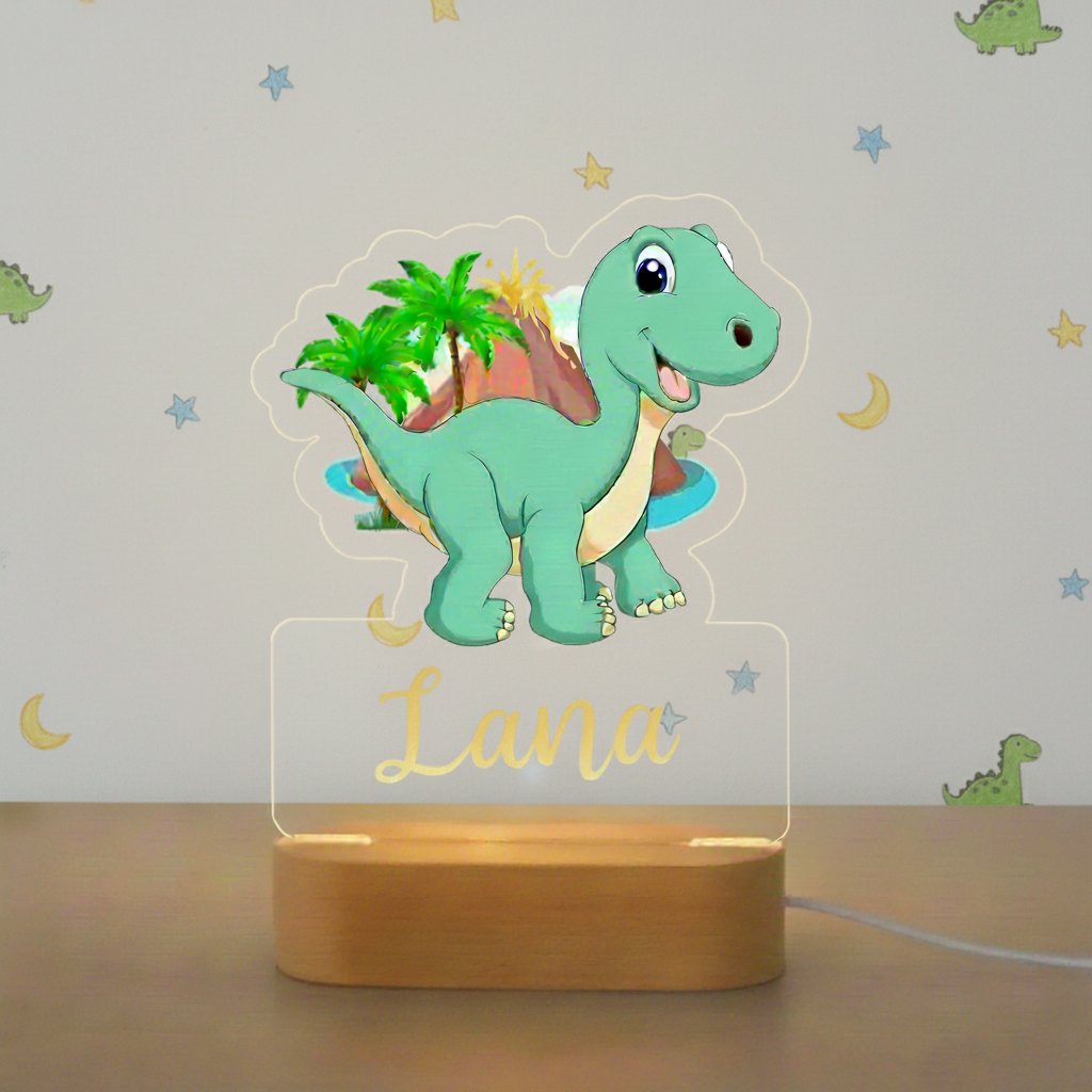 Veilleuse bébé dinosaure verte avec décor tropical, lampe LED apaisante pour chambre d’enfant