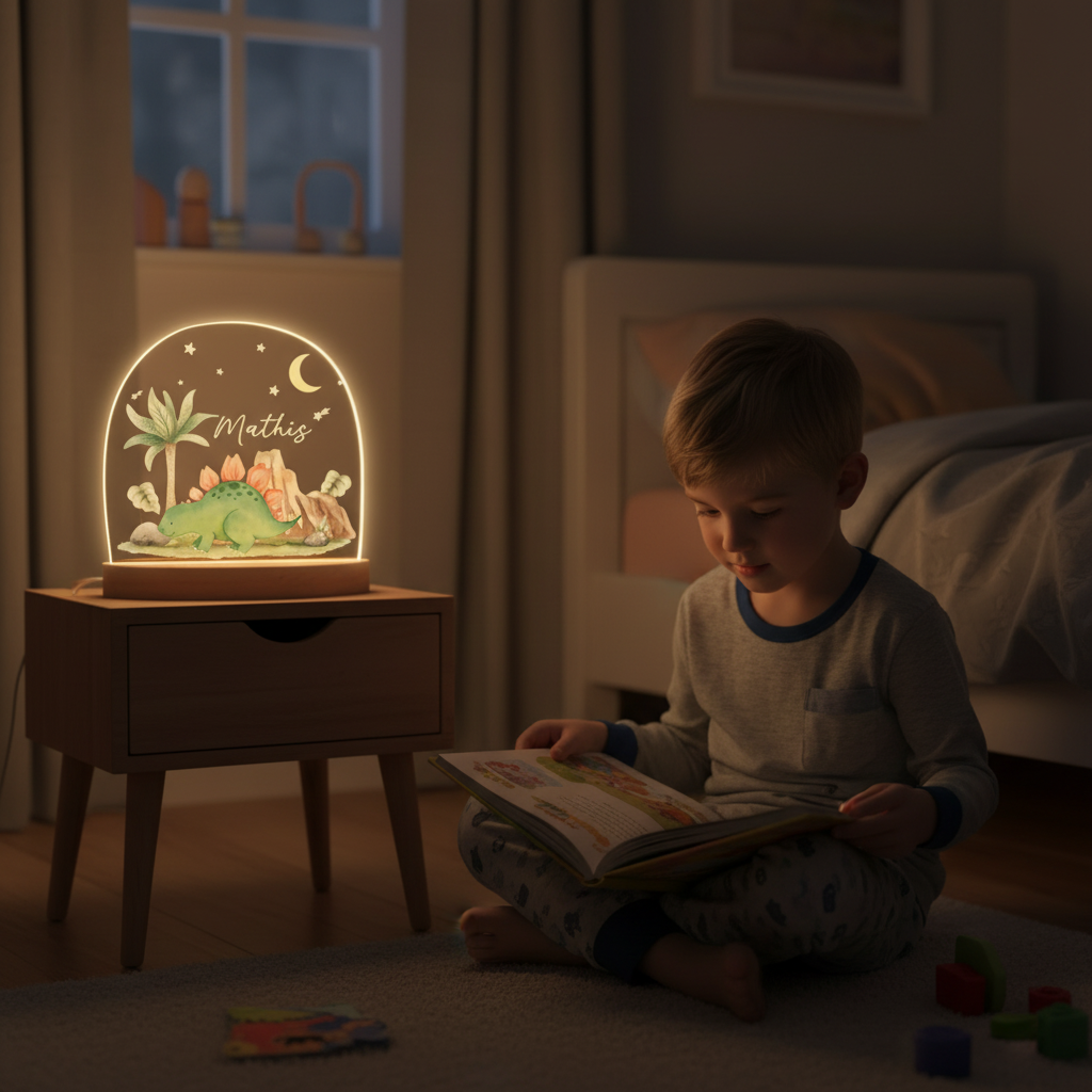 Enfant assis au sol lisant à côté d’une veilleuse bébé dinosaure personnalisée allumée.