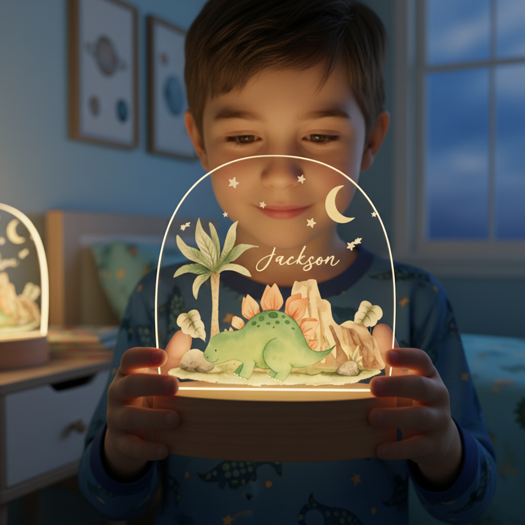 Petit garçon tenant une veilleuse bébé dinosaure personnalisée allumée dans une chambre d’enfant.