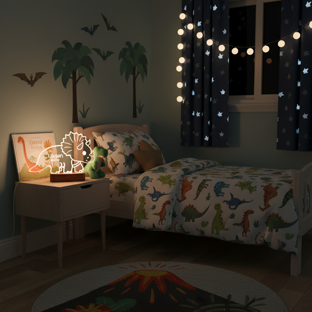 Veilleuse bébé tricératops posée sur une table de nuit dans une chambre décorée dinosaures.