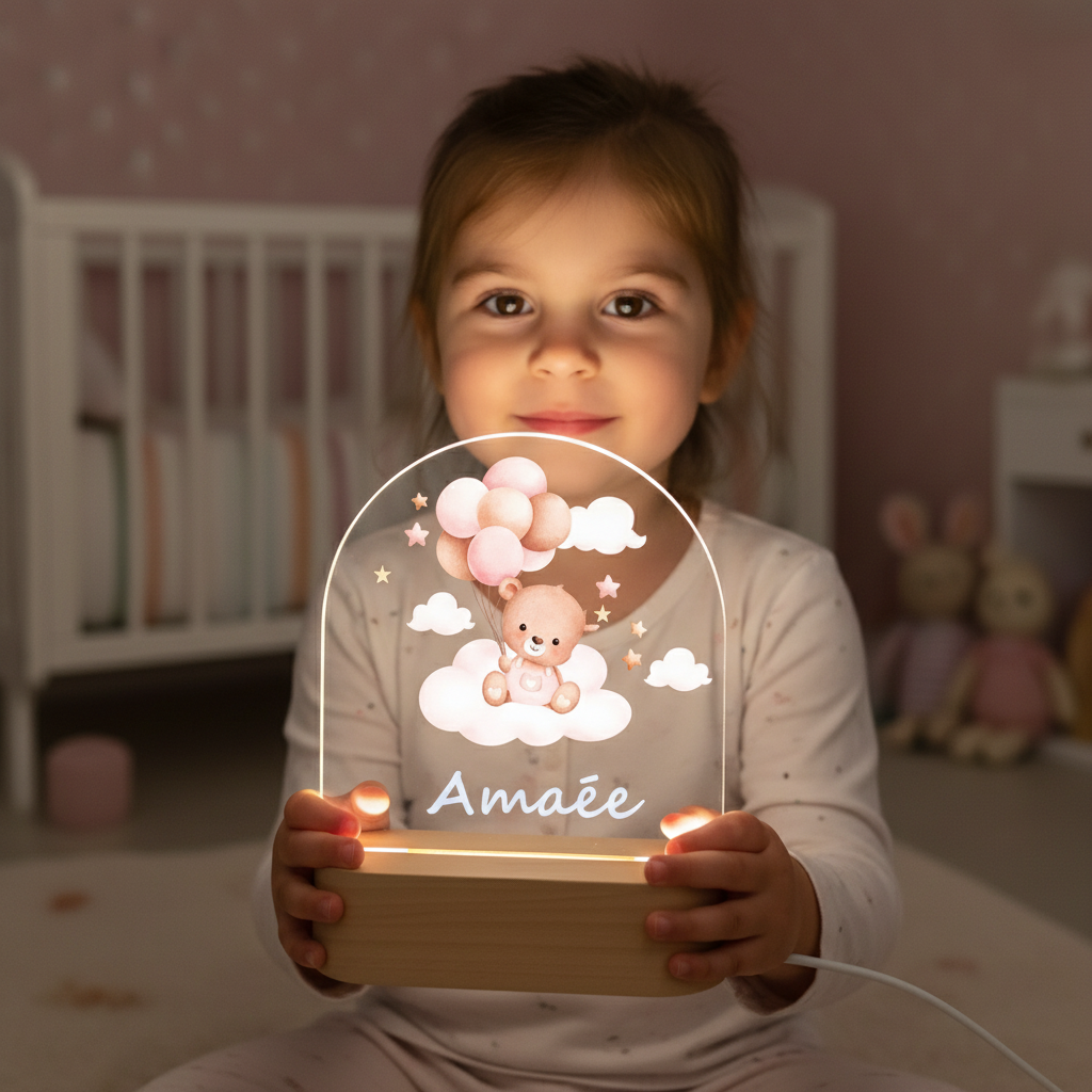 Enfant tenant une veilleuse ourson avec ballons dans une chambre douce et chaleureuse.