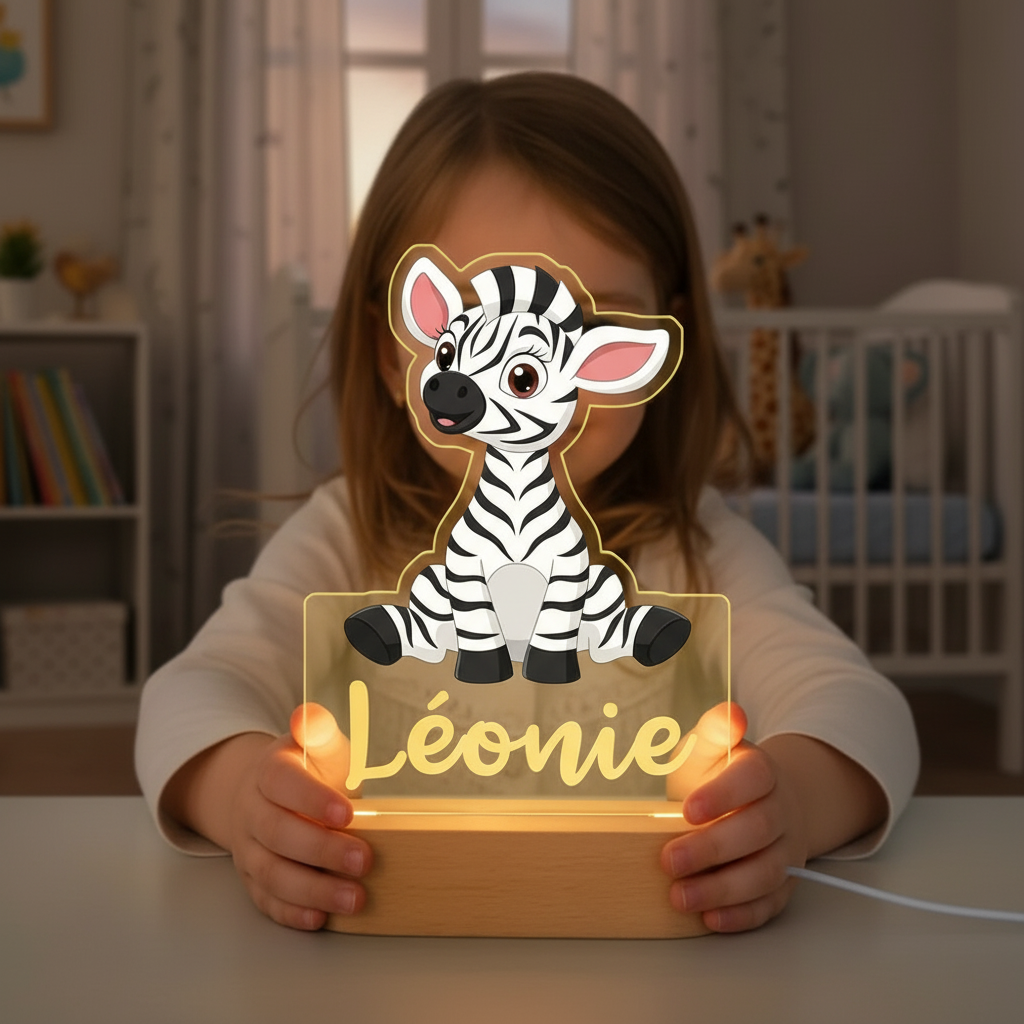Veilleuse bébé zèbre personnalisable avec lumière LED douce