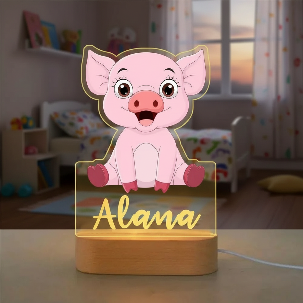 Veilleuse cochon LED personnalisée diffusant une lumière douce dans une chambre de bébé