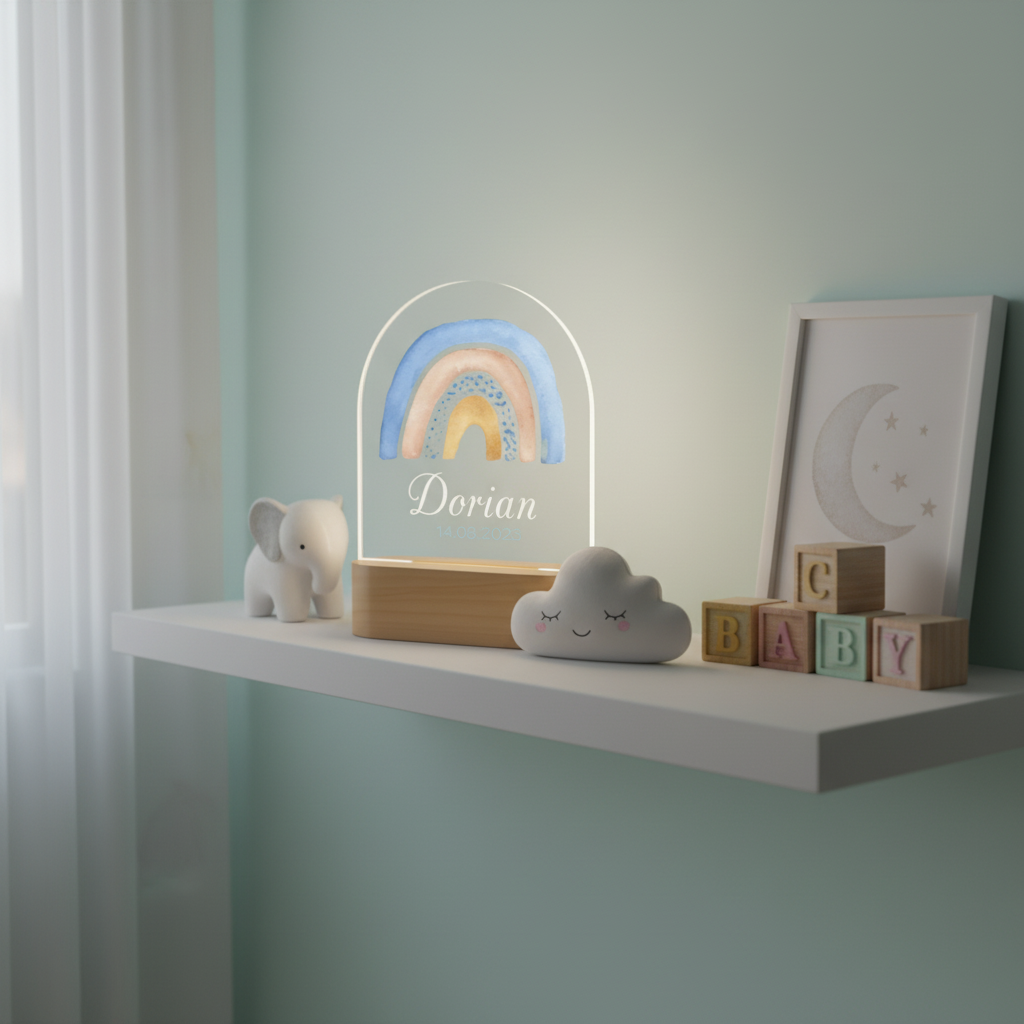 veilleuse décorative arc-en-ciel avec socle en bois naturel