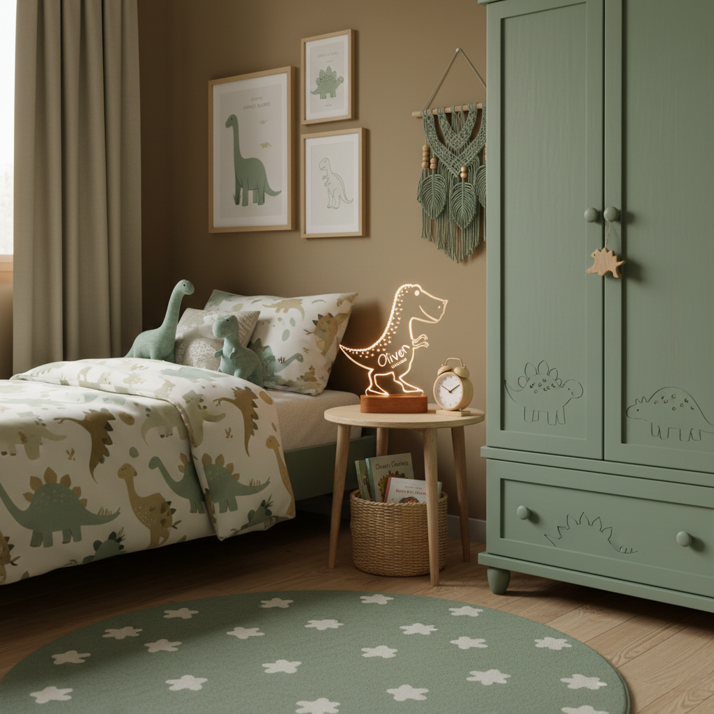 Lampe veilleuse dinosaure éclairant une chambre d’enfant décorée sur le thème des dinosaures.