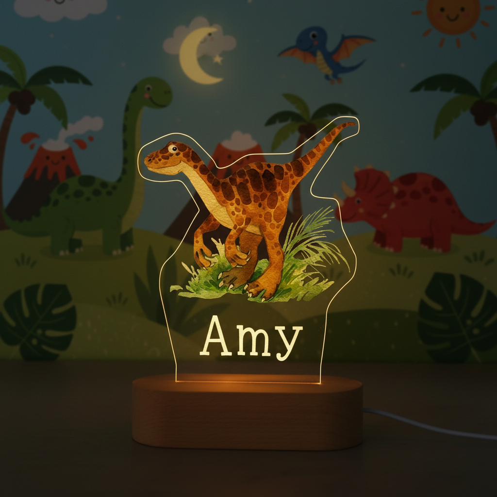 Veilleuse dinosaure LED éclairée posée dans une chambre d’enfant décorée avec un thème préhistorique.