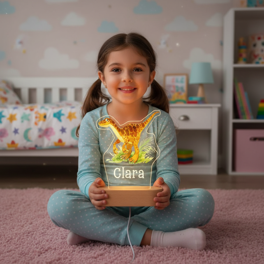 Petite fille assise au sol tenant une veilleuse dinosaure LED dans une chambre d’enfant colorée.