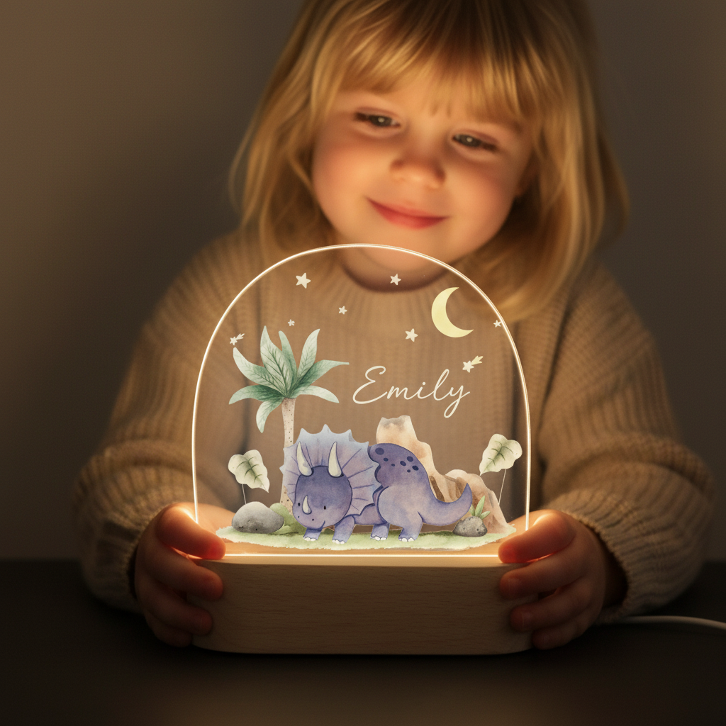 Enfant tenant une veilleuse dinosaure lumineuse dans ses mains.