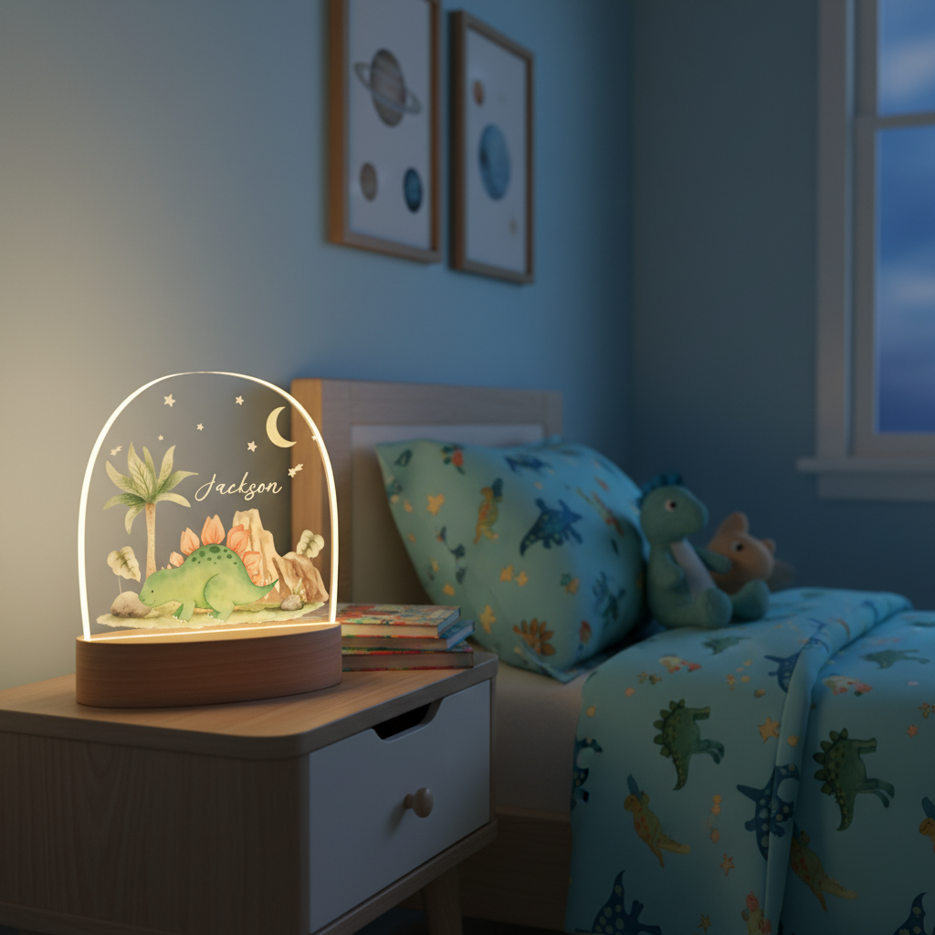 Veilleuse dinosaure personnalisée éclairant une chambre d’enfant décorée.