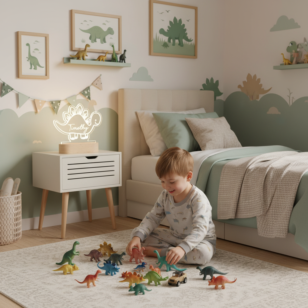 Enfant jouant avec des figurines de dinosaures dans une chambre décorée, éclairée par une veilleuse dinosaure LED posée sur la table de chevet.