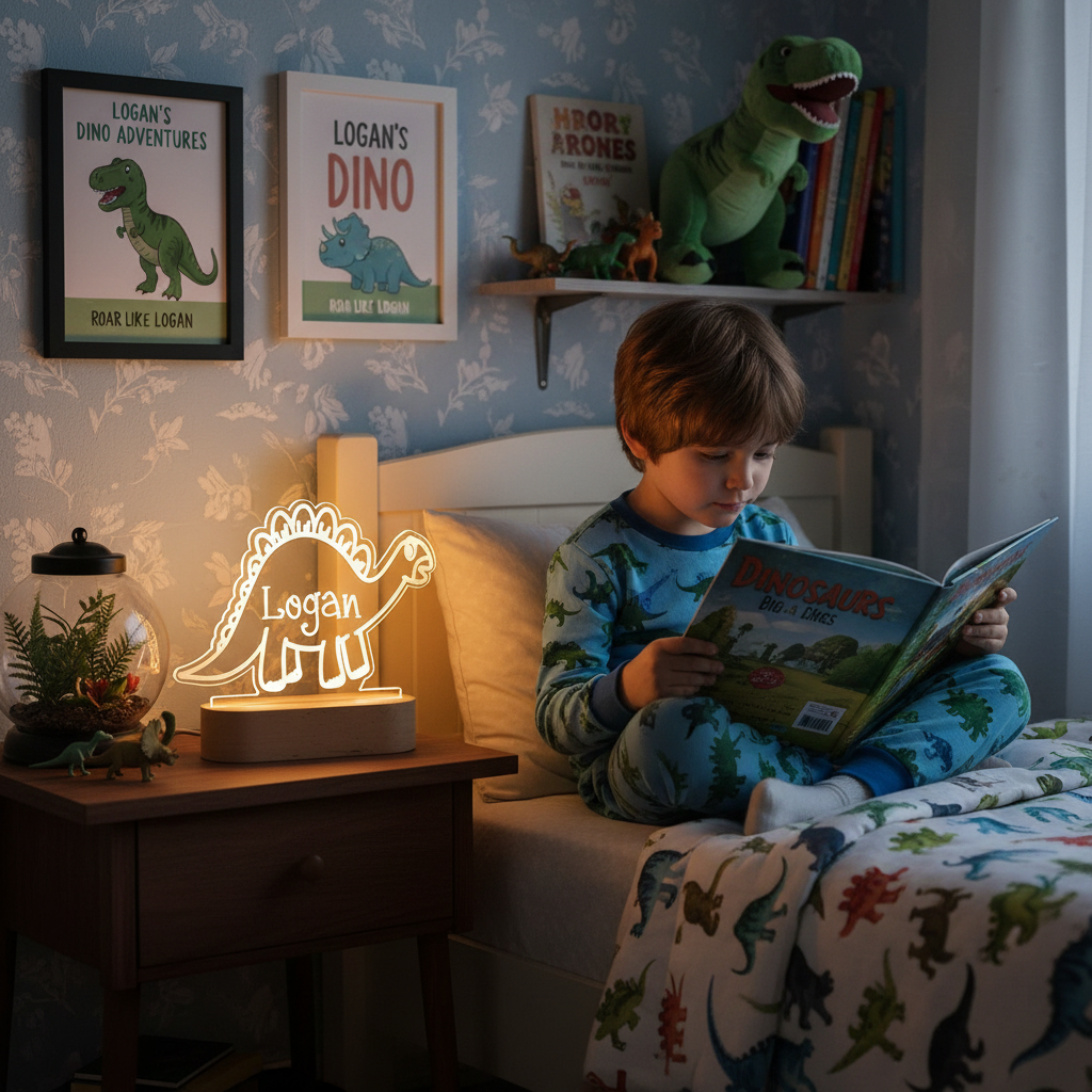 Enfant lisant un livre dans sa chambre éclairée par une veilleuse dinosaure LED posée sur la table de chevet.