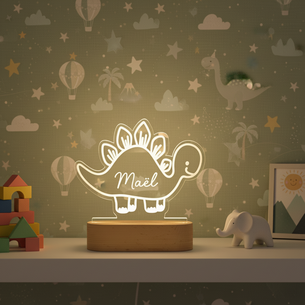 Veilleuse dinosaure LED posée sur une étagère dans une chambre de bébé décorée dans un thème doux et étoilé.