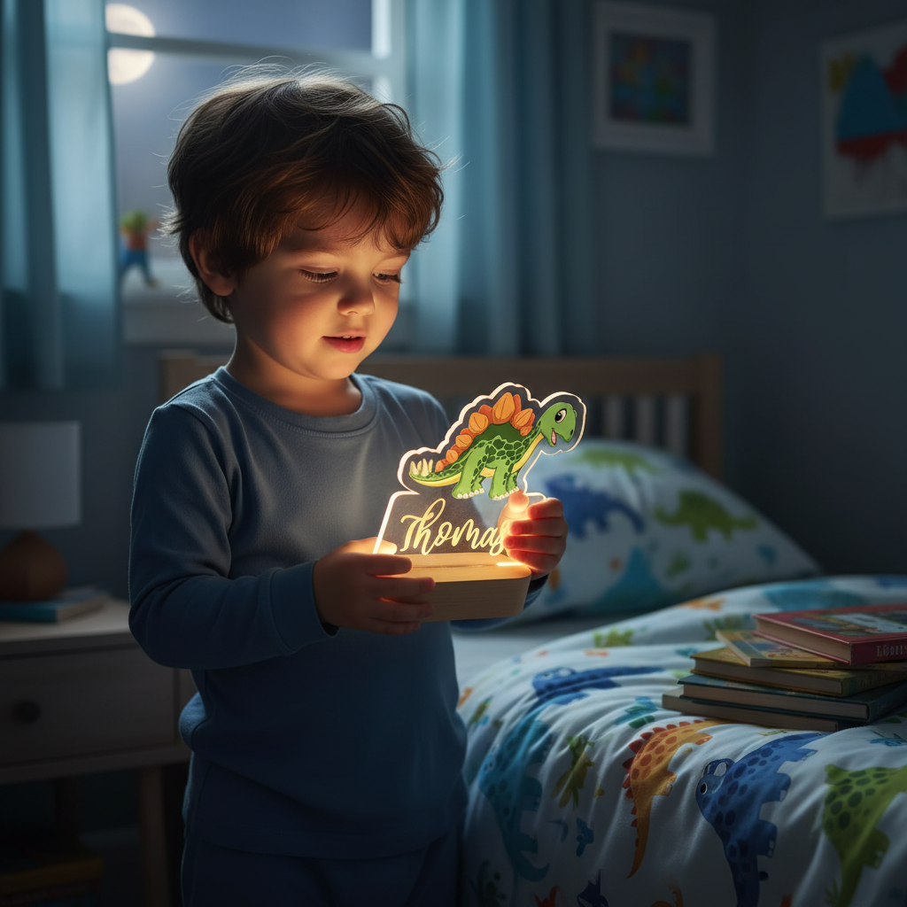 Enfant tenant une veilleuse dinosaure LED allumée dans une chambre décorée avec du linge de lit à motifs dinosaures.