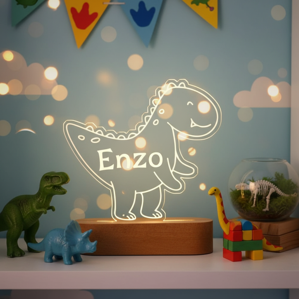 lampe en forme de dinosaure posée sur une étagère décorative