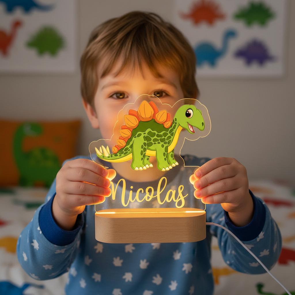 Enfant tenant une veilleuse dinosaure LED lumineuse dans une chambre décorée sur le thème des dinosaures.