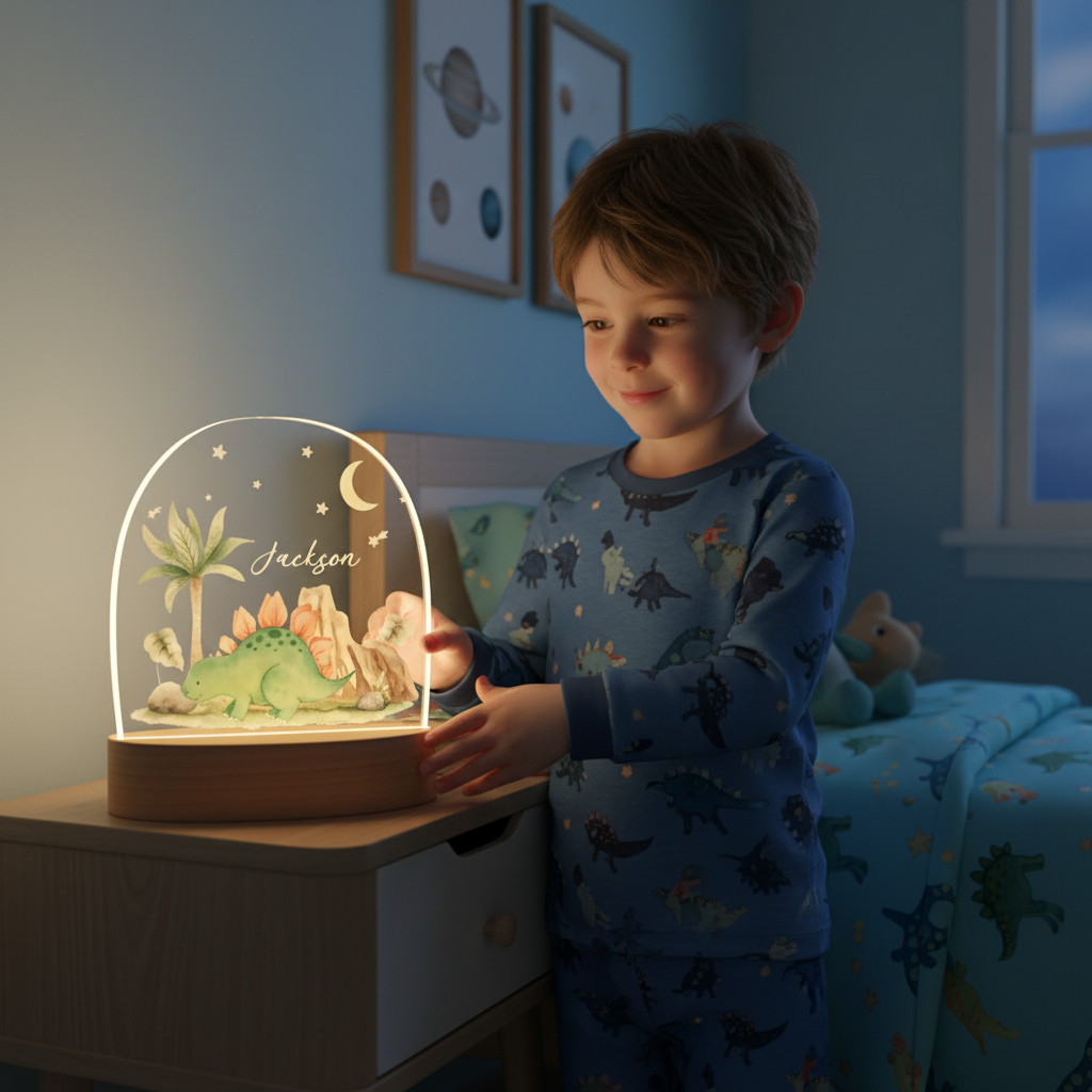 Veilleuse dinosaure personnalisée posée sur une table de chevet dans une chambre d’enfant.