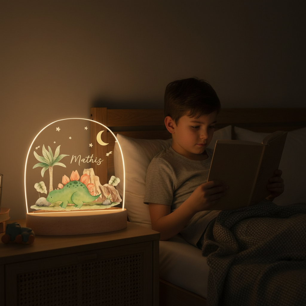 Enfant lisant dans son lit avec une veilleuse dinosaure personnalisée posée sur la table de nuit.