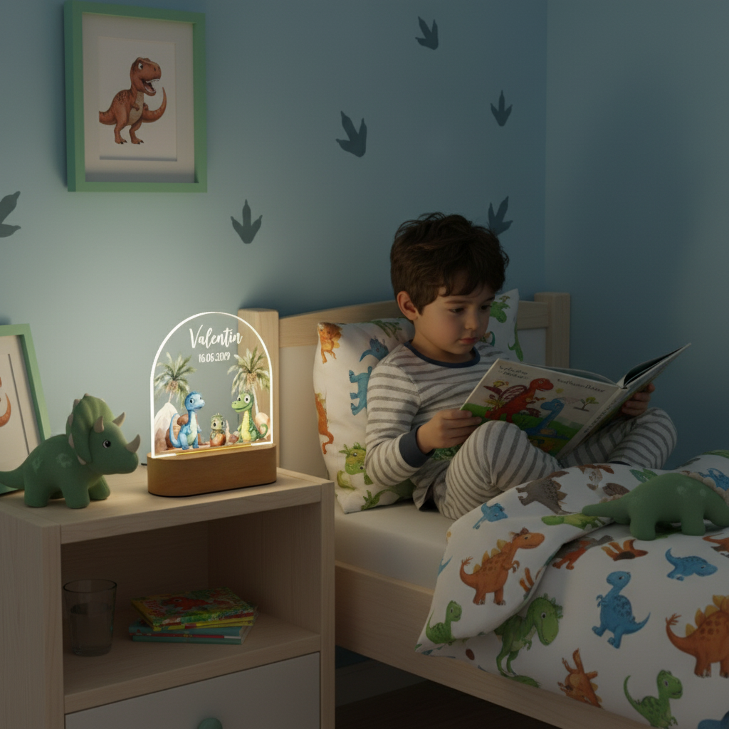 Veilleuse dinosaure éclairant une table de chevet dans une chambre enfant