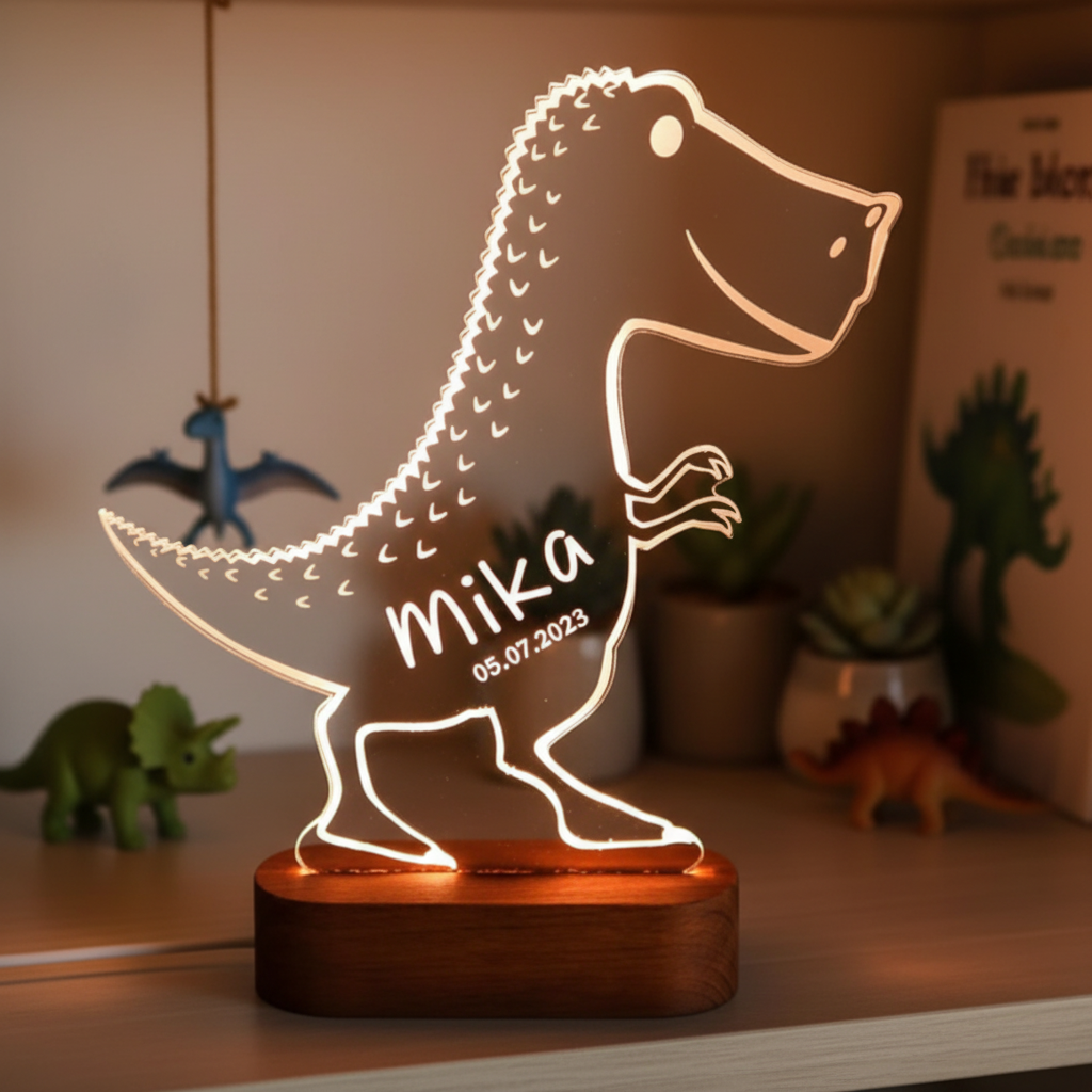 Veilleuse dinosaure T-Rex lumineuse posée sur une étagère d'enfant.