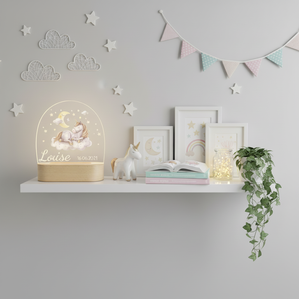 Veilleuse enfant avec licorne et ambiance étoilée apaisante