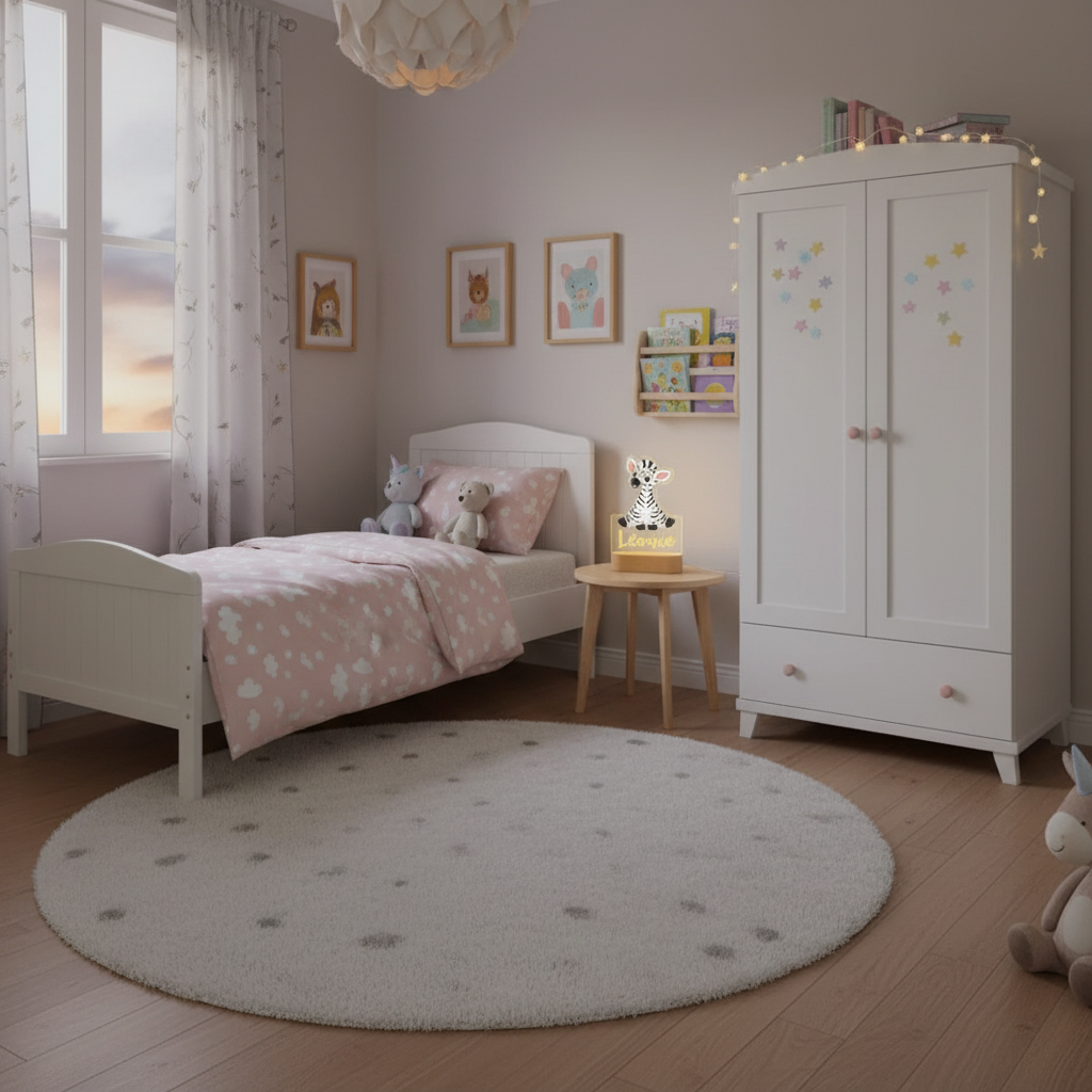 Veilleuse enfant motif zèbre posée sur table de nuit