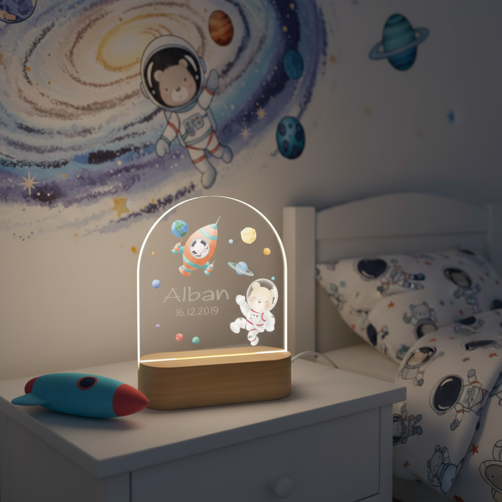 Veilleuse espace allumée dans une chambre d’enfant décorée avec des fusées