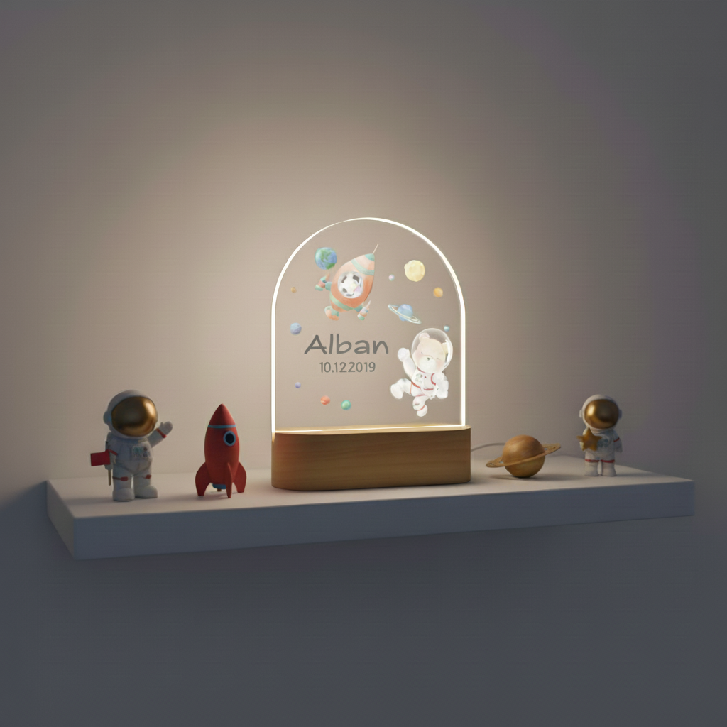 Veilleuse décorative thème astronaute et planètes posée sur une étagère