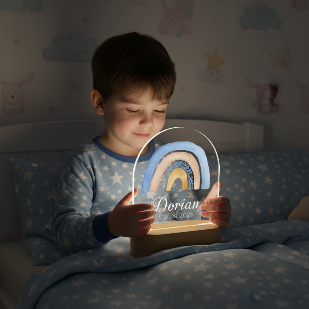veilleuse LED arc-en-ciel posée dans une chambre de bébé apaisante