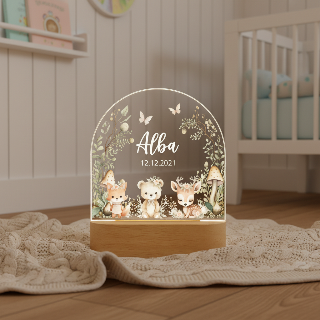 Veilleuse LED à lumière tamisée posée sur un plaid dans une chambre de bébé